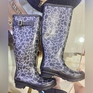 Black Leopard Print Tall Rain Boots Size 5 — Waterproof Rubber